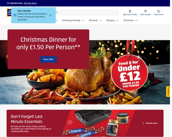 screenshot of Aldi website