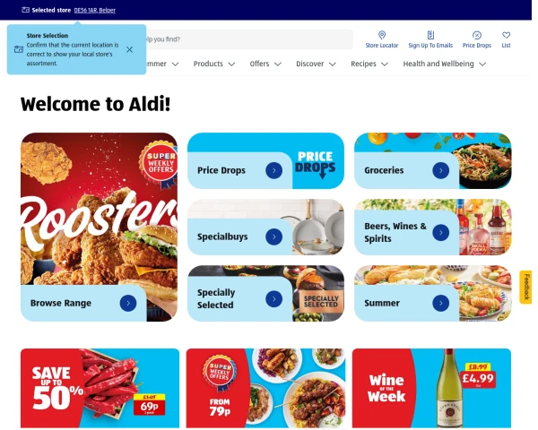 screenshot of Aldi website