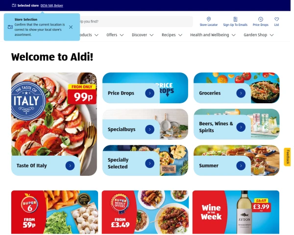 screenshot of Aldi website