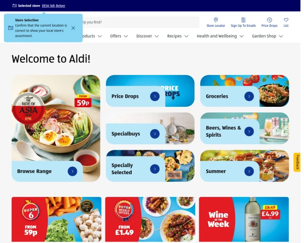 screenshot of Aldi website