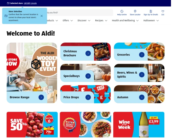 screenshot of Aldi website