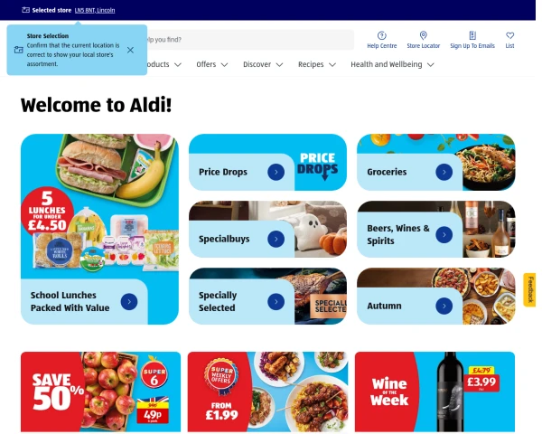 screenshot of Aldi website