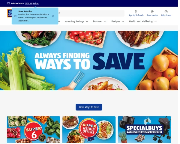 screenshot of Aldi website