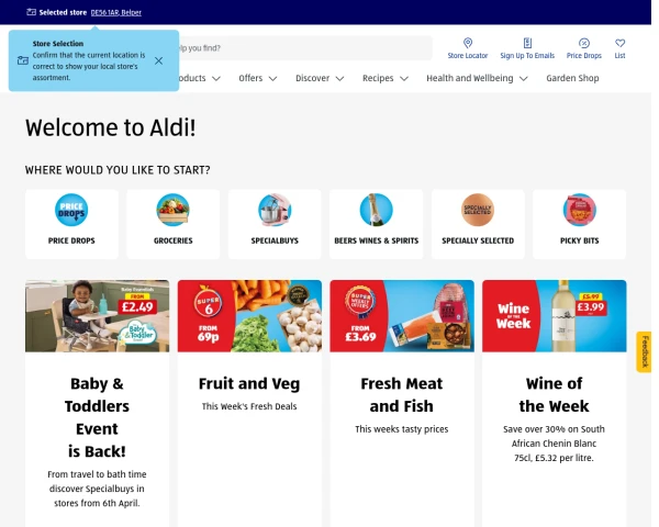 screenshot of Aldi website
