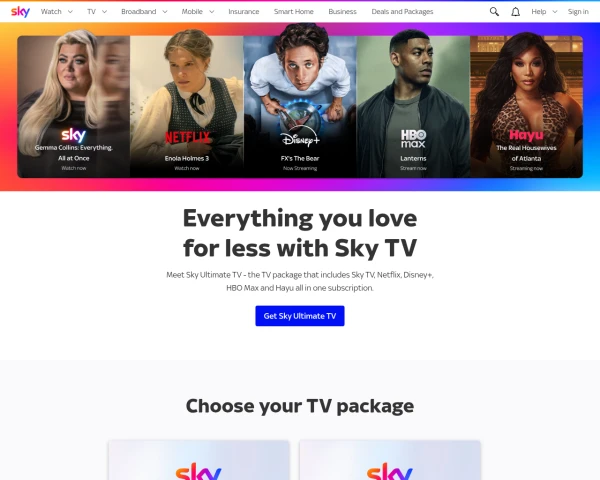 screenshot of Sky TV website