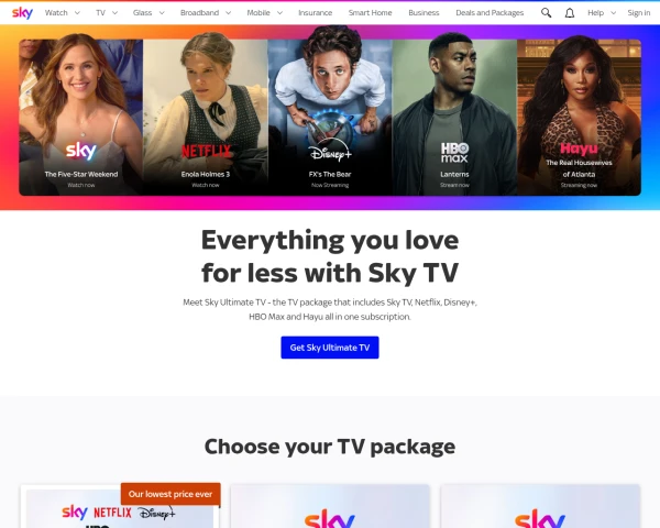 screenshot of Sky TV website