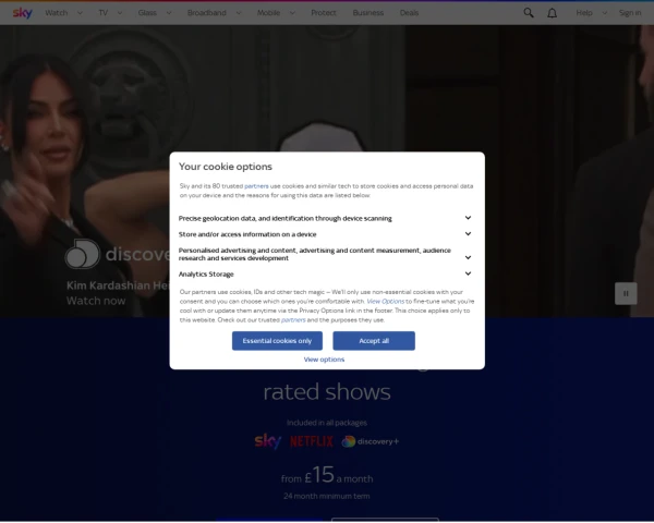 screenshot of Sky TV website