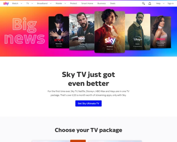 screenshot of Sky TV website