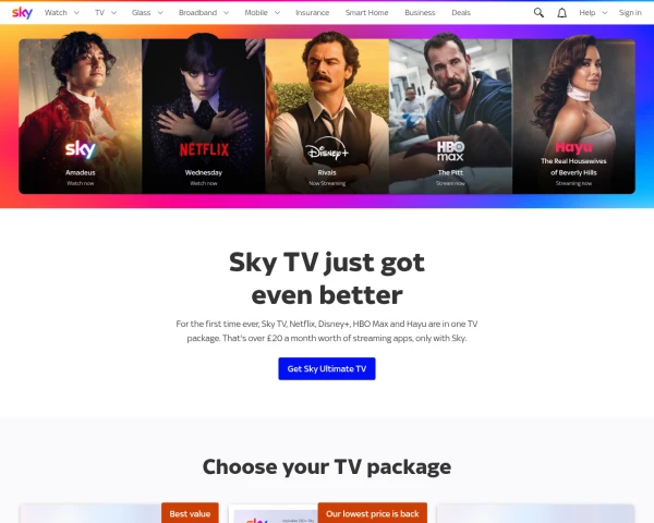 screenshot of Sky TV website