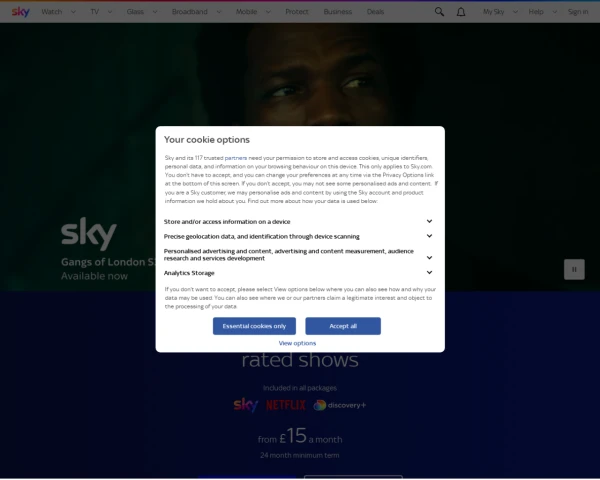 screenshot of Sky TV website