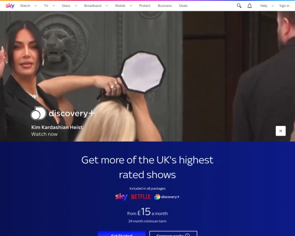 screenshot of Sky TV website