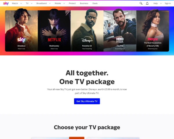 screenshot of Sky TV website