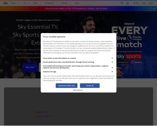 screenshot of Sky TV website
