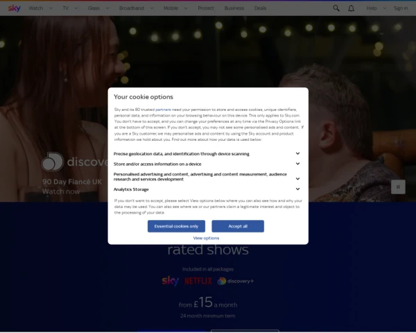 screenshot of Sky TV website