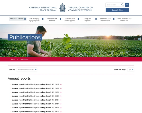 screenshot of Canadian International Trade Tribunal website