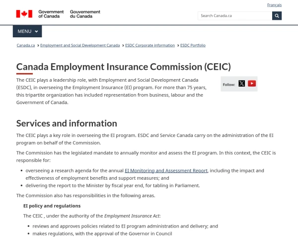 screenshot of Canada Employment Insurance Commission website