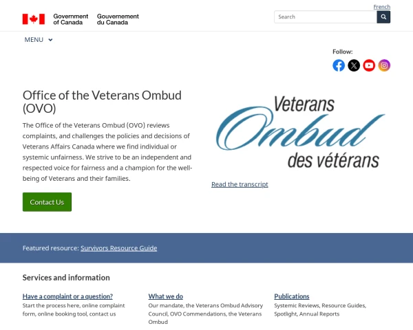 screenshot of Veterans' Ombudsman website