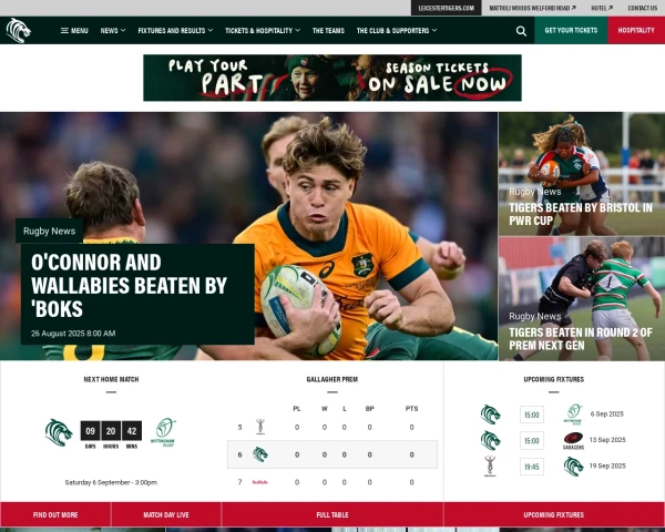 screenshot of Leicester Tigers website