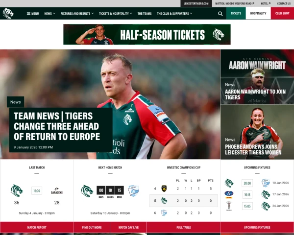 screenshot of Leicester Tigers website