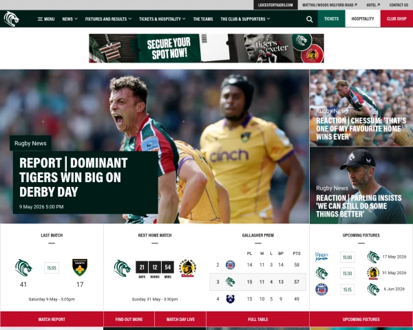 screenshot of Leicester Tigers website