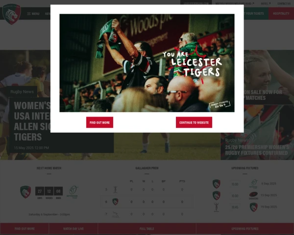 screenshot of Leicester Tigers website