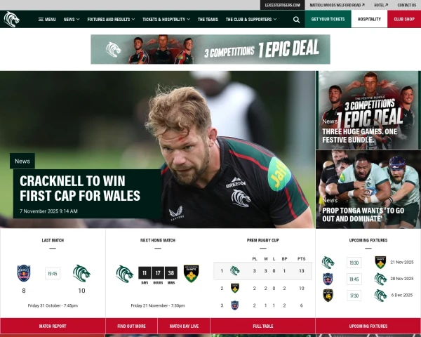 screenshot of Leicester Tigers website