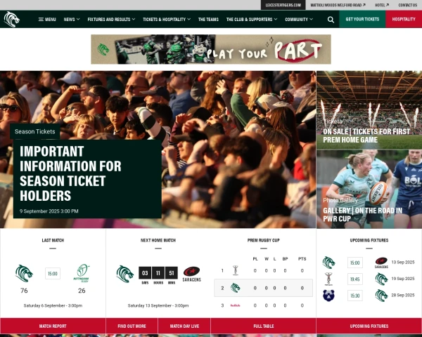 screenshot of Leicester Tigers website