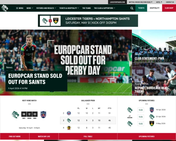 screenshot of Leicester Tigers website