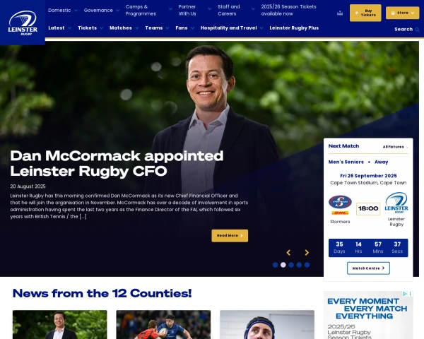 screenshot of Leinster Rugby website