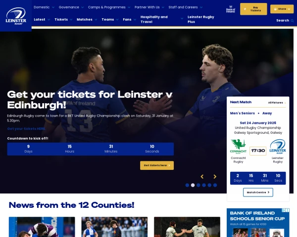 screenshot of Leinster Rugby website