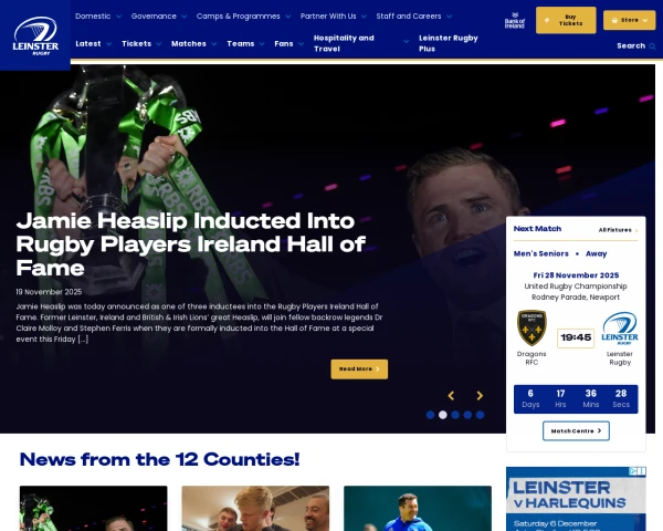 screenshot of Leinster Rugby website