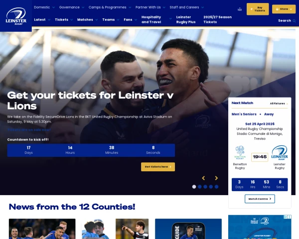 screenshot of Leinster Rugby website