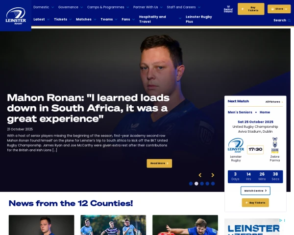 screenshot of Leinster Rugby website