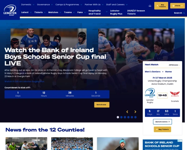 screenshot of Leinster Rugby website