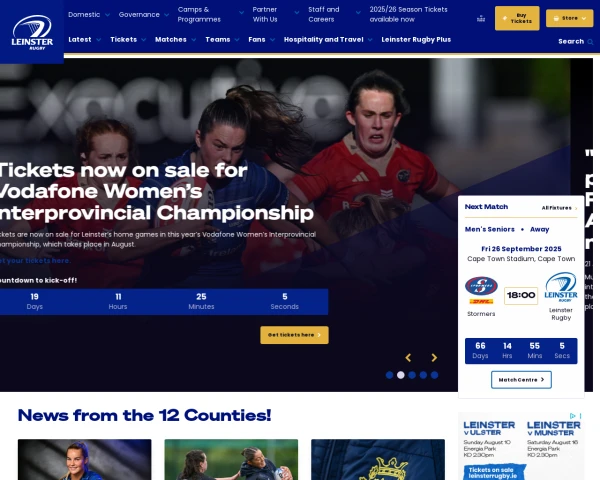 screenshot of Leinster Rugby website