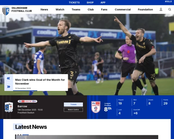 screenshot of Gillingham FC website
