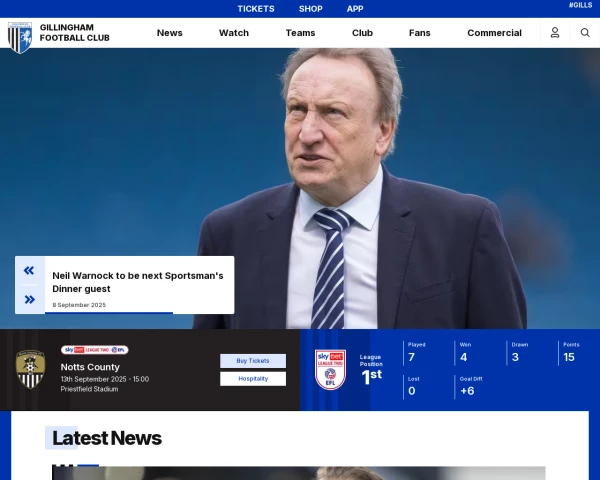 screenshot of Gillingham FC website