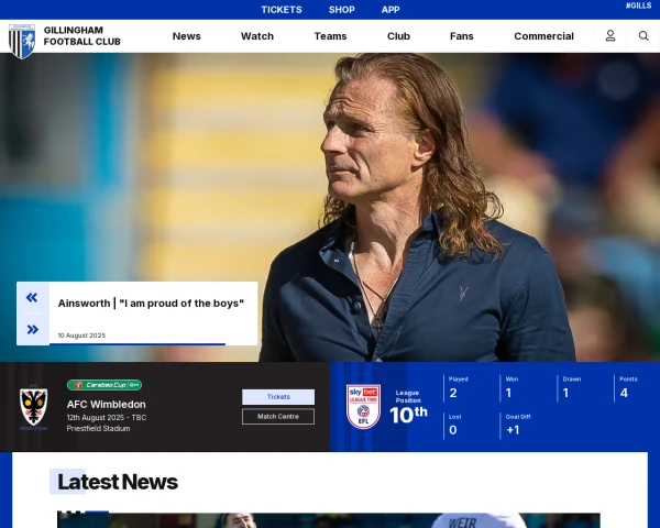 screenshot of Gillingham FC website