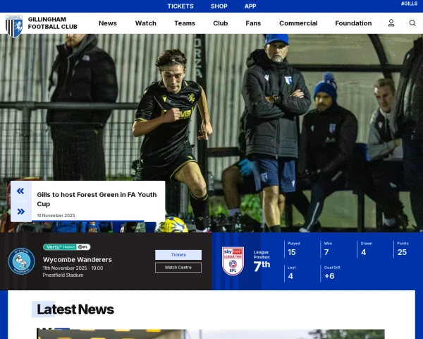 screenshot of Gillingham FC website