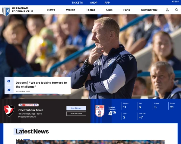 screenshot of Gillingham FC website