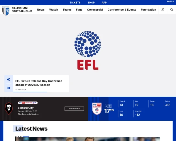 screenshot of Gillingham FC website