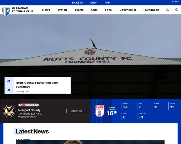 screenshot of Gillingham FC website