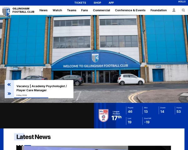 screenshot of Gillingham FC website