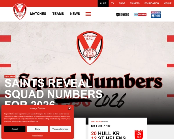 screenshot of St Helens RFC website