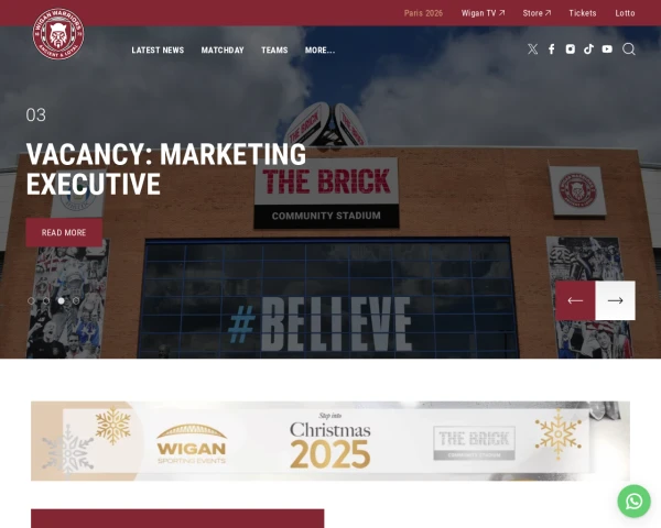 screenshot of Wigan Warriors RFL website