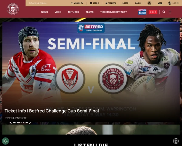 screenshot of Wigan Warriors RFL website