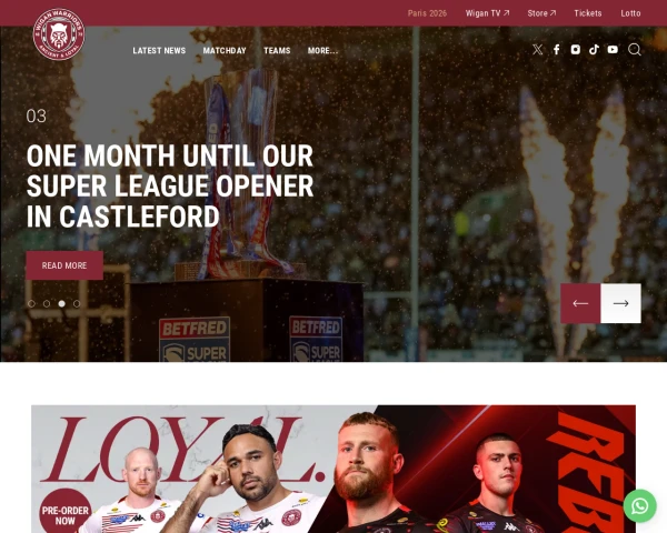 screenshot of Wigan Warriors RFL website