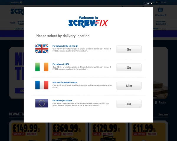 screenshot of Screwfix website