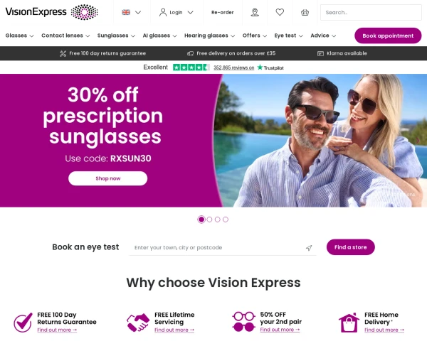 screenshot of Vision Express website