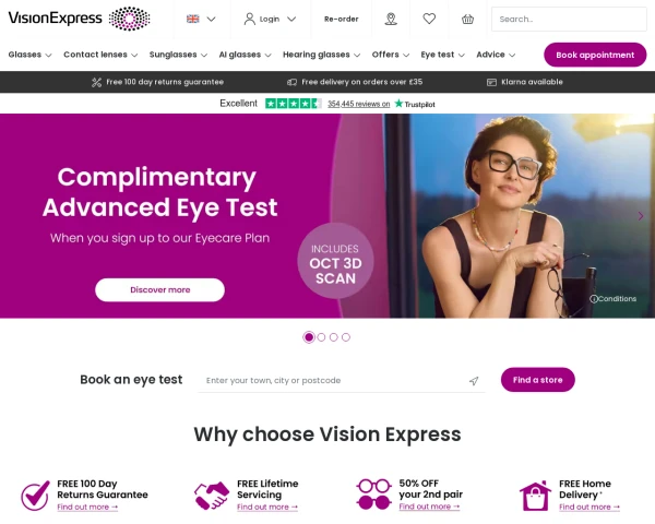 screenshot of Vision Express website